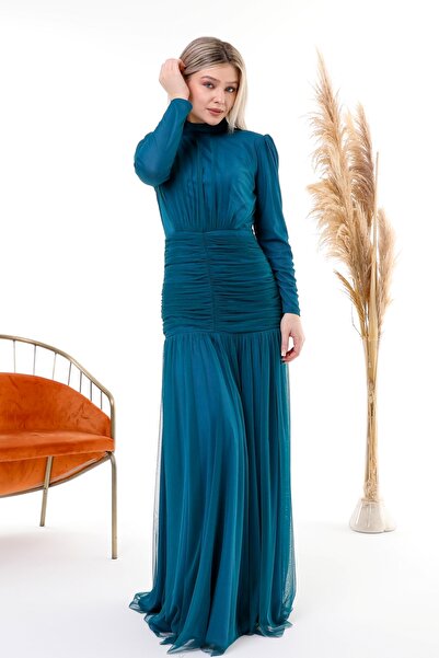 Asees Esnek Tül Baseni Büzgülü Tesettür Elbise