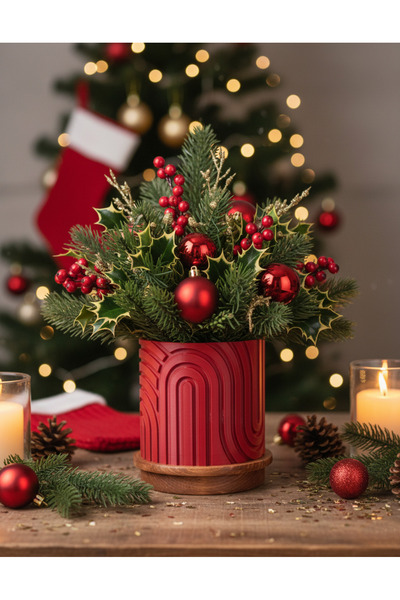 By Tridome Norla Dekoratif Vazo - Yakut Kırmızı / Ahşap Tabanlı