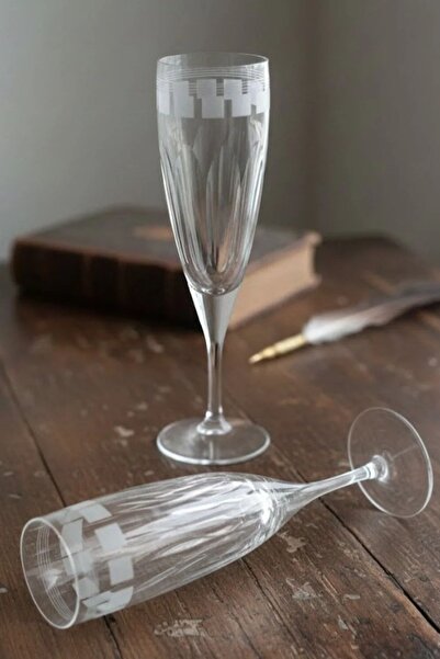 DECOSTYLE Soğuk kesme Özel Kesim Köşeli Dekorlu Flüt Şampanya Bardağ 210 Cc 2...