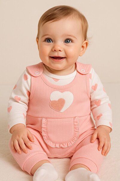 dinamik çocuk Kalp Süzene Nakışlı Fitilli Cepli Kız Bebek 3’lü Tulum Seti – Z...