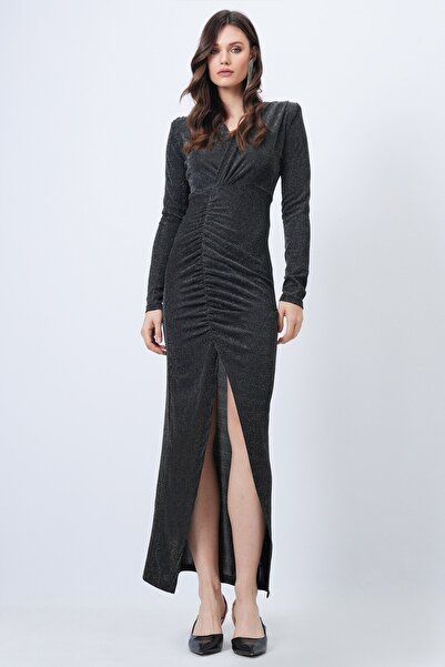 Trend Alaçatı Stili Women's Black Double-Breasted Collar Shoulder Pad Layer Draped Slit Midi Length Glitter Dress Vs01660