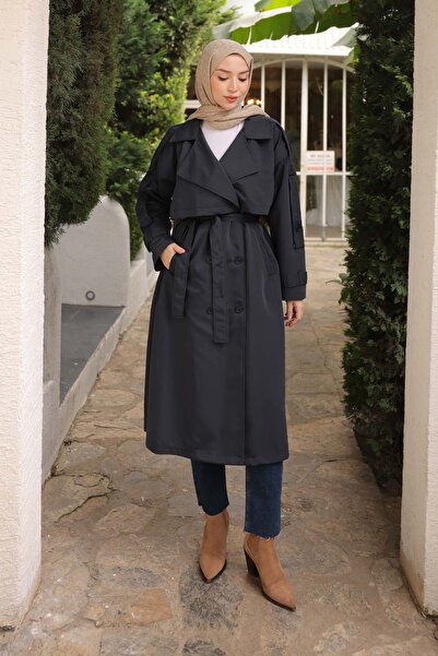 İmajButik Lacivert Kruvaze Yaka Astarlı Trençkot