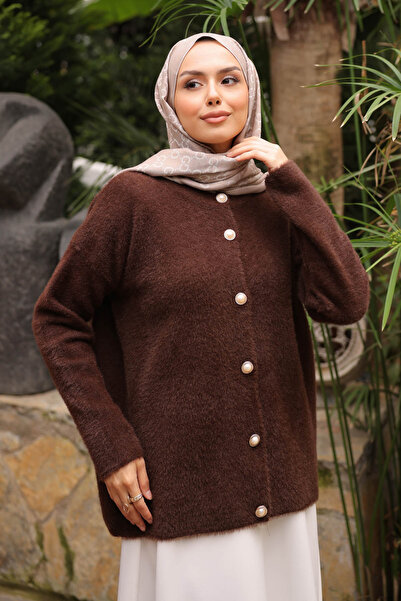 İmajButik Brown Crew Neck Angora Soft Cardigan
