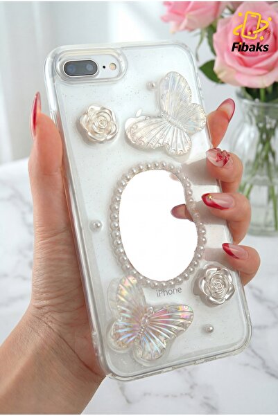 Fibaks Apple iPhone 7 Plus 8 Plus Kılıf 3D Kelebek Gül Desenli Aynalı Simli Ş...
