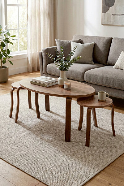 VİLİNZE Eva Ahşap 2+1 Yuvarlak Yavrulu Oval Orta Sehpa