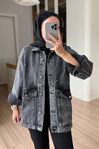 Ka Hijab سترة حجاب من الدنيم بجيب مزدوج - أنثراسايت