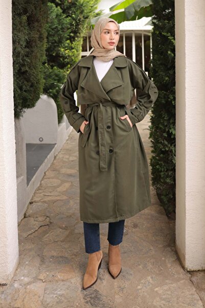 İmajButik Χακί διπλό πέτο Καμπαρντίνα με επένδυση με γιακά