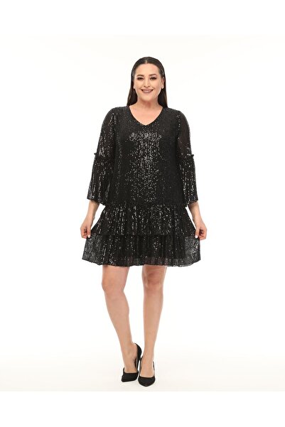 Asees Abiye Elbise Büyük Beden Fırfır Detaylı Payet Abiye Elbise Siyah