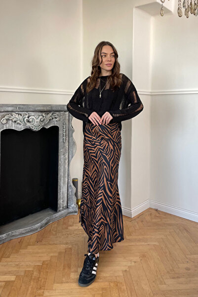 MAGARDE Fustă din satin cu model zebra cu talie elastică - MARO