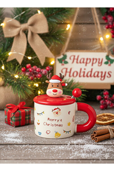 Bam Ceramic Mug with Lid and Spoon Featuring a Christmas Figure
