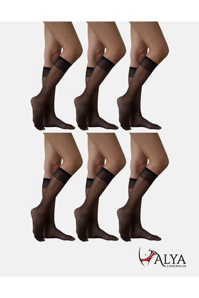 ALYA UNDERWEAR Kadın Parlak Diz Altı Çorap 15 Denye, İnce Fit, 6'lı Paket, Siyah, Pantolon Çorabı