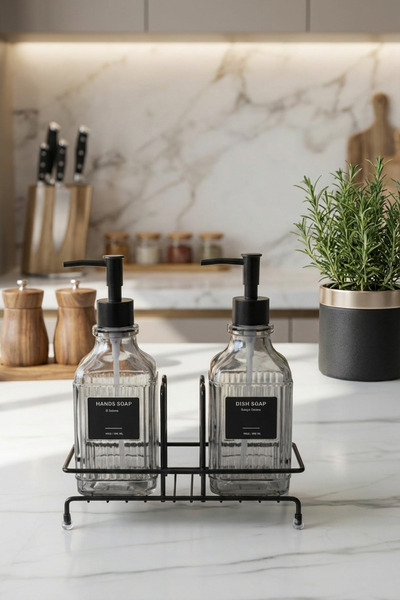 MAKRİ HOME Set dozator de săpun lichid și dozator de detergent din sticlă cu model în dungi moderne, negru - dozator de săpun din sticlă de 500 ml