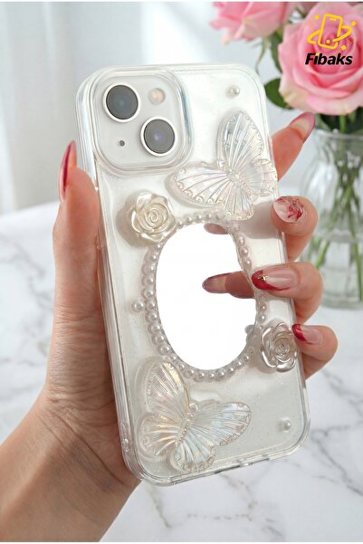 Fibaks Apple iPhone 13 - 14 - 15 Kılıf 3D Kelebek Gül Desenli Aynalı Simli Şeffaf Tasarımlı Silikon Kapak