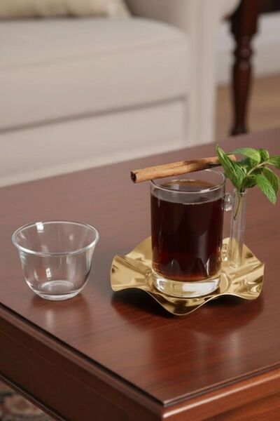 DECOSTYLE 18 Piece Modern Glass Tea Set with Plain Steel Plate |   Premium Hospitality Luxury Presentation Set