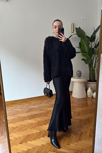 MAGARDE Fustă lungă din satin - NEGRU