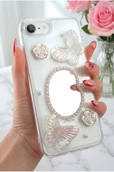 Fibaks Apple iPhone 16E Kılıf 3D Kelebek Gül Desenli Aynalı Simli Şeffaf Tasarımlı Silikon Kapak