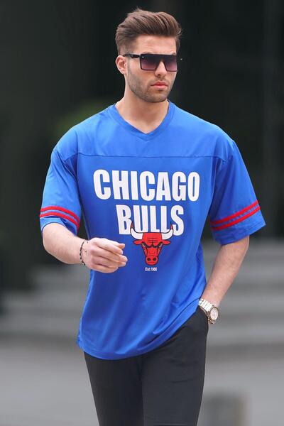 Madmext Μπλε εμπριμέ ανδρικό μπλουζάκι Oversize 6129