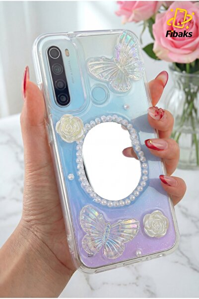 Fibaks Xiaomi Redmi Note 8 Kılıf 3D Kelebek Gül Desenli Aynalı Simli Şeffaf Tasarımlı Silikon Kapak
