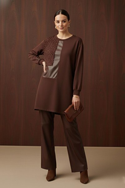 Puane Kadın Taş Detaylı Asimetrik Tunik - 10738TUN - BROWN