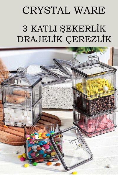 Crystal Ware 3 Katlı Şeffaf Kare Şekerlik Drajelik Çerezlik Sunumluk F113