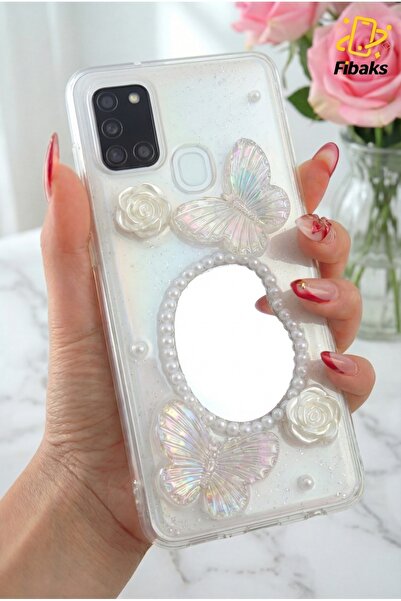 Fibaks Samsung Galaxy A21S Kılıf 3D Kelebek Gül Desenli Aynalı Simli Şeffaf Tasarımlı Silikon Kapak