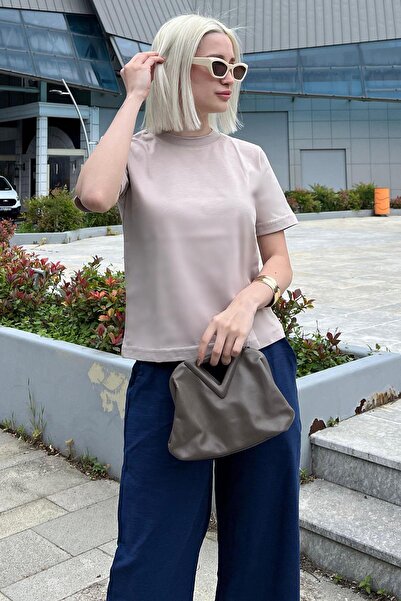 Madmext Beigefarbenes Basic-Damen-T-Shirt mit Rundhalsausschnitt MG2075