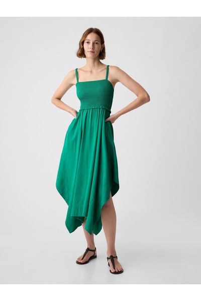 GAP Kadın Yeşil Büzgülü Askılı Midi Elbise