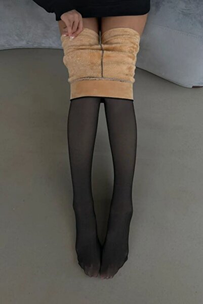 Fitsauna İçi Peluşlu Kışlık Termal Ten Görünümlü Siyah Peluş Tayt Külotlu Çorap