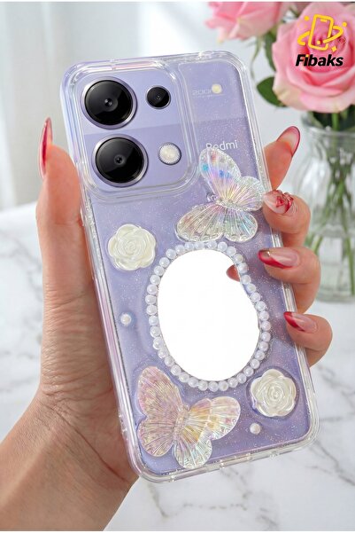 Fibaks Xiaomi Redmi Note 13 Pro 4G Kılıf 3D Kelebek Gül Desenli Aynalı Simli ...