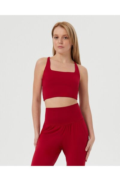 Ayma Active Red Swimmer Strap Square Neck Yoga Pilates Sports Bra