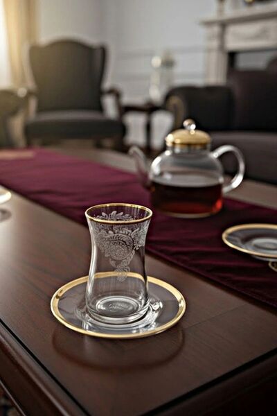 DECOSTYLE Helen Gold Heybeli Kesme Dekor 12 Parça Çay Seti | Paşabahçe Premium – Altın Detaylı Cam Takım