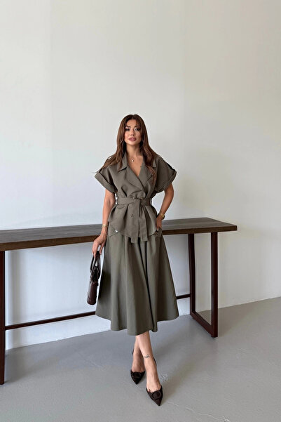 SUMEF Belted Short Sleeve Shirt Skirt Set |   Stylish and Modern Double Set