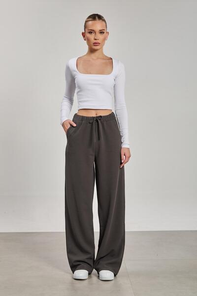 BARRELS AND OIL Women's drawstring waist wide leg pants - anthracite