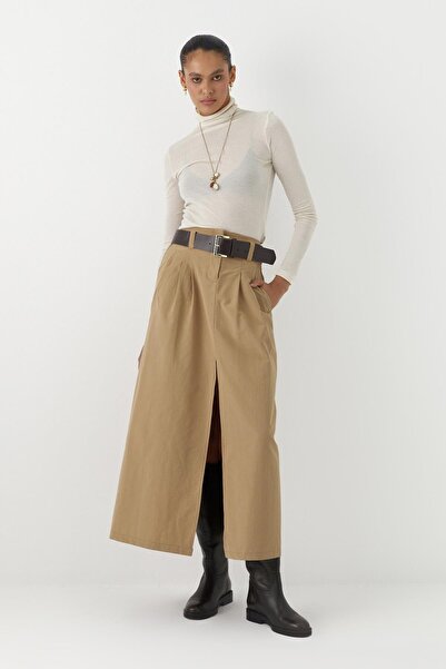 MARKALİSTE Front Slit Long Belted Skirt Beige