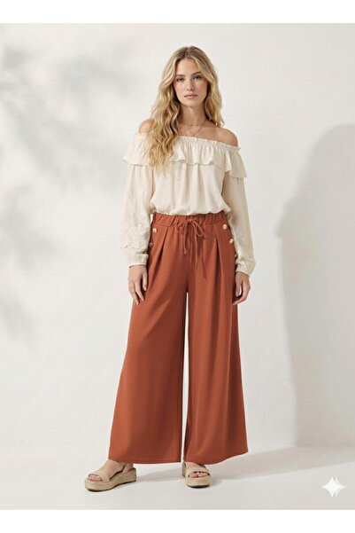 ribana Button Detail in Pocket, Elastic Waist, Wide Cut, Flared Double Crepe Fabric Trouser Skirt -31010