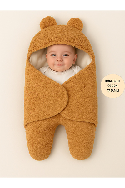Tomuycuk 0-6 Ay İçi Elyaflı Kulaklı Peluş Bebek Kundağı Welsoft Kumaş Yenidoğ...