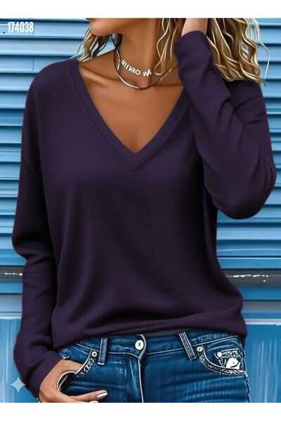 Giyimodam Γυναικεία μπλούζα με μακρύ μανίκι με λαιμόκοψη σε σχήμα V από βισκό...