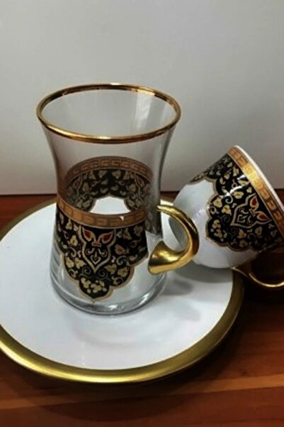 DECOSTYLE 18 Parça Gold Porselen Tabaklı Cam Çay Takımı | Lüks Çeyizlik & Misafirlik Premium Sunum Seti