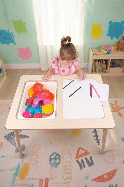 ROZİTOYS Montessori Çocuk Ahşap Oyun Etkinlik Çalışma Masası, 2 Saklama Alanlı