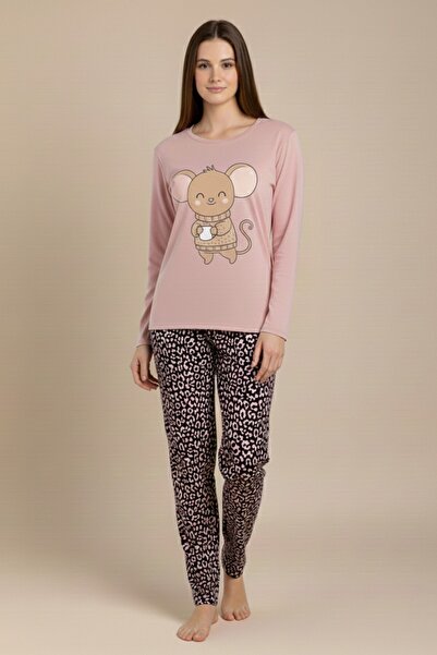 Miss Dünya Lissa Teddy Hug Powder Long Sleeve Crew Neck Women's Pajama Set