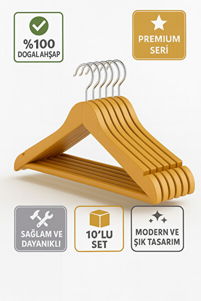 Layrol 10 Adet Ahşap Askı Kıyafet Askısı Askılık Vernikli