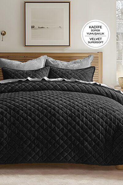 Evlen Home Collection طقم مفرش سرير مخملي مبطن مفرد سوبر سوفت 2 قطعة حشوة من الألياف الناعمة باللون الأسود