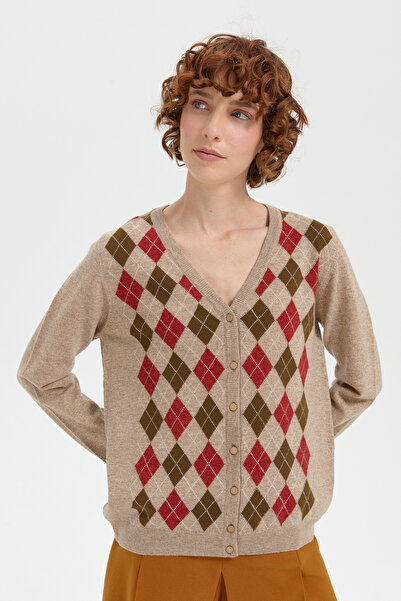 Desen Triko Γυναικεία ζακέτα με λαιμόκοψη V - Μπεζ