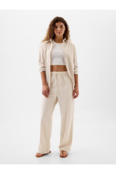 GAP Kadın Bej Keten Karışımlı Wide-Leg Pull-On Pantolon