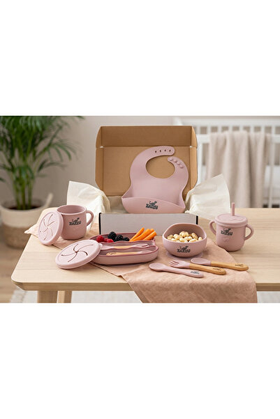 OEM Set complet hranire diversificare bebelusi, 9 piese, silicon alimentar + lemn, antialunecare, roz