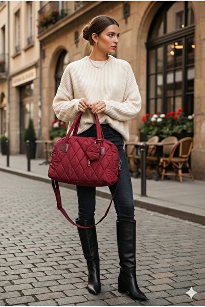 PurpleART Women's Burgundy Quilted Embroidery Patterned Water Repellent Micro...