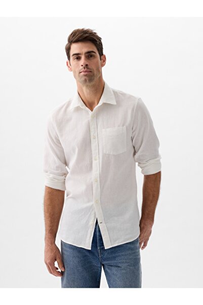 GAP Erkek Kırık Beyaz Keten Karışımlı Standart Fit Gömlek