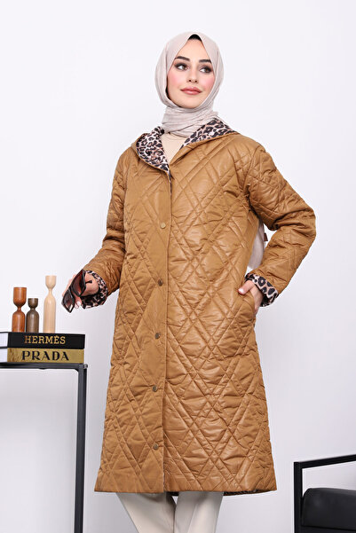 İmajButik Γυναικείο παλτό Camel Modest με κουκούλα με λεοπάρ λεπτομέρεια και ...