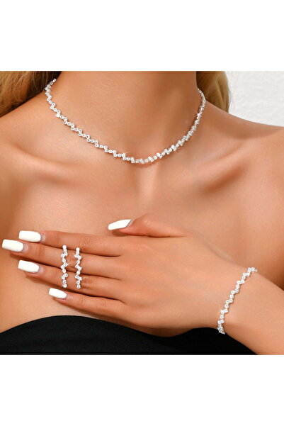 Renkada Gümüş Kaplama Pırlanta Taşlı Kolye,küpe Ve Bileklik Seti 3'lü Set Davet Düğün Nişan Abiye