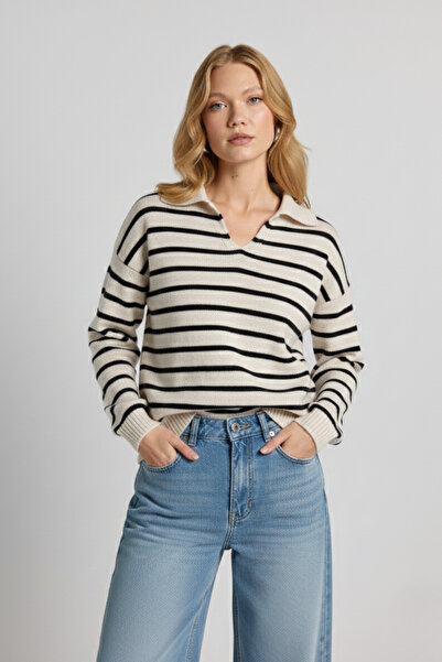 Ulino Polo Neck Long Sleeve Black Striped Knitwear Blouse